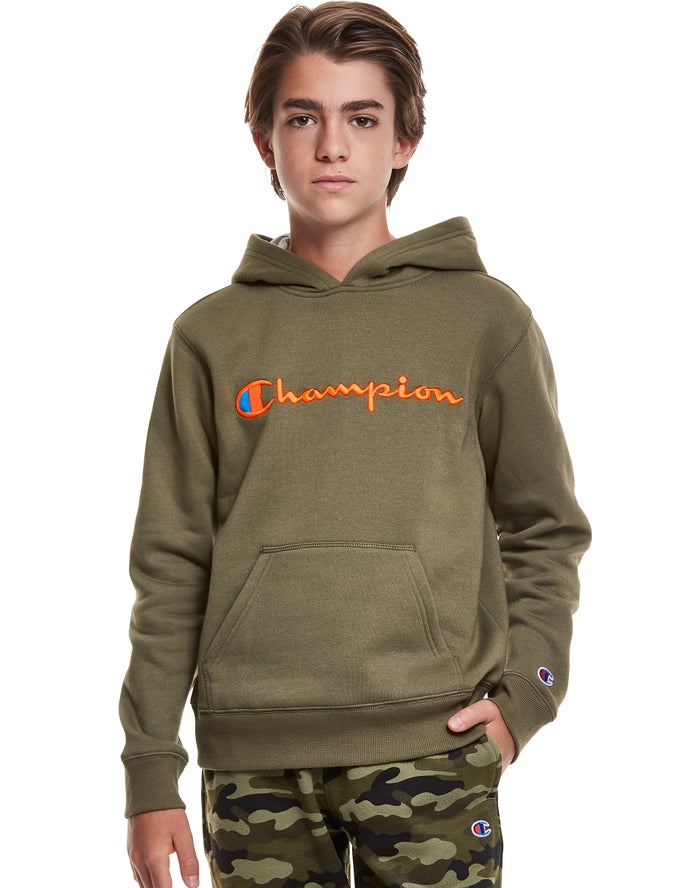 Champion Reverse Weave Embroidered Logo Kiz Çocuk Kapşonlu Sweatshirt Zeytin Yeşili ( CDURSO513 )